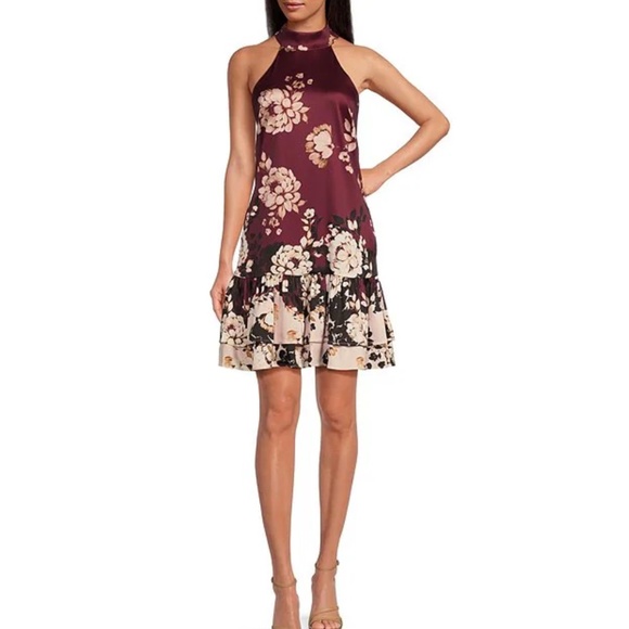 Odette Floral Print Knit Halter Neck Sleeveless Tiered Ruffle Shift Mini Dress - Picture 1 of 3